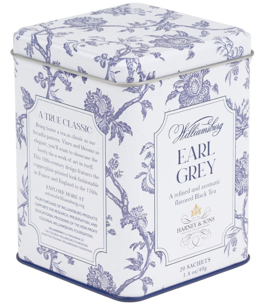 Harney & Sons Williamsburg Earl Grey, Tin of 20 Sachets, featuring an elegant tin with 18th-century Arcadia Pattern design.