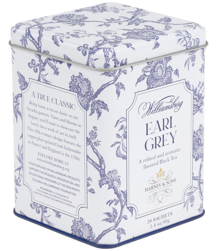 Harney & Sons Williamsburg Earl Grey, Tin of 20 Sachets, featuring an elegant tin with 18th-century Arcadia Pattern design.