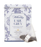 Harney & Sons Williamsburg Earl Grey, Tin of 20 Sachets, featuring a tin package and sachets of tea.