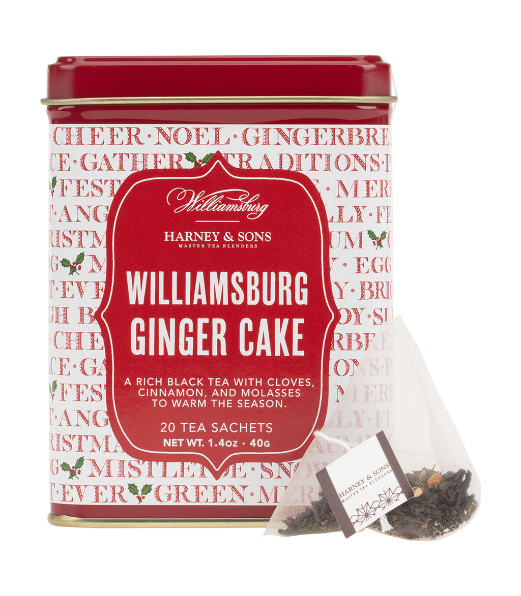 Harney & Sons Williamsburg Ginger Cake, Tin of 20 Sachets, showing the packaging and contents of the tea sachets.