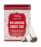 Harney & Sons Williamsburg Ginger Cake, Tin of 20 Sachets, showing the packaging and contents of the tea sachets.