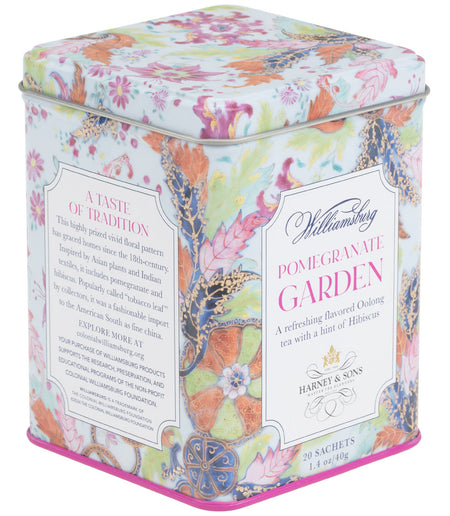 Harney & Sons Williamsburg Pomegranate Garden, tin of 20 sachets with pomegranate and hibiscus floral design.