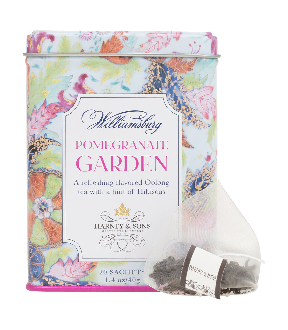 Harney & Sons Williamsburg Pomegranate Garden, Tin of 20 Sachets, showcasing the product packaging and sachets inside.