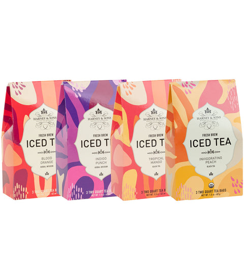 Harney & Sons Fresh Brew Iced Tea Sampler, featuring three varieties of iced tea in packaging, by Harney & Sons.