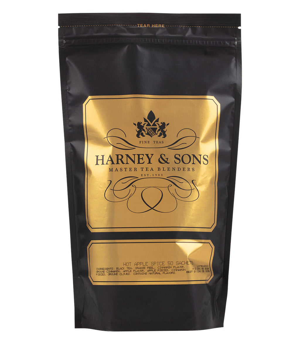 Harney & Sons Hot Apple Spice sachet bag, featuring a 50-count pack of tea blends, from the vendor Harney & Sons.