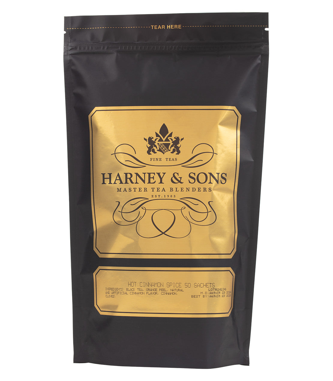 Harney & Sons Hot Cinnamon Spice 50 Count Sachet Bag, featuring loose tea sachets with a warm cinnamon flavor.