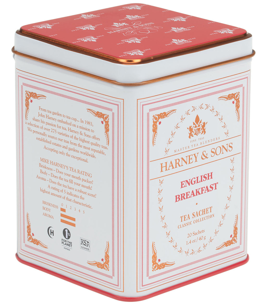 Harney & Sons English Breakfast, Classic Tin of 20 Sachets, featuring a sleek tin design with sachets inside.