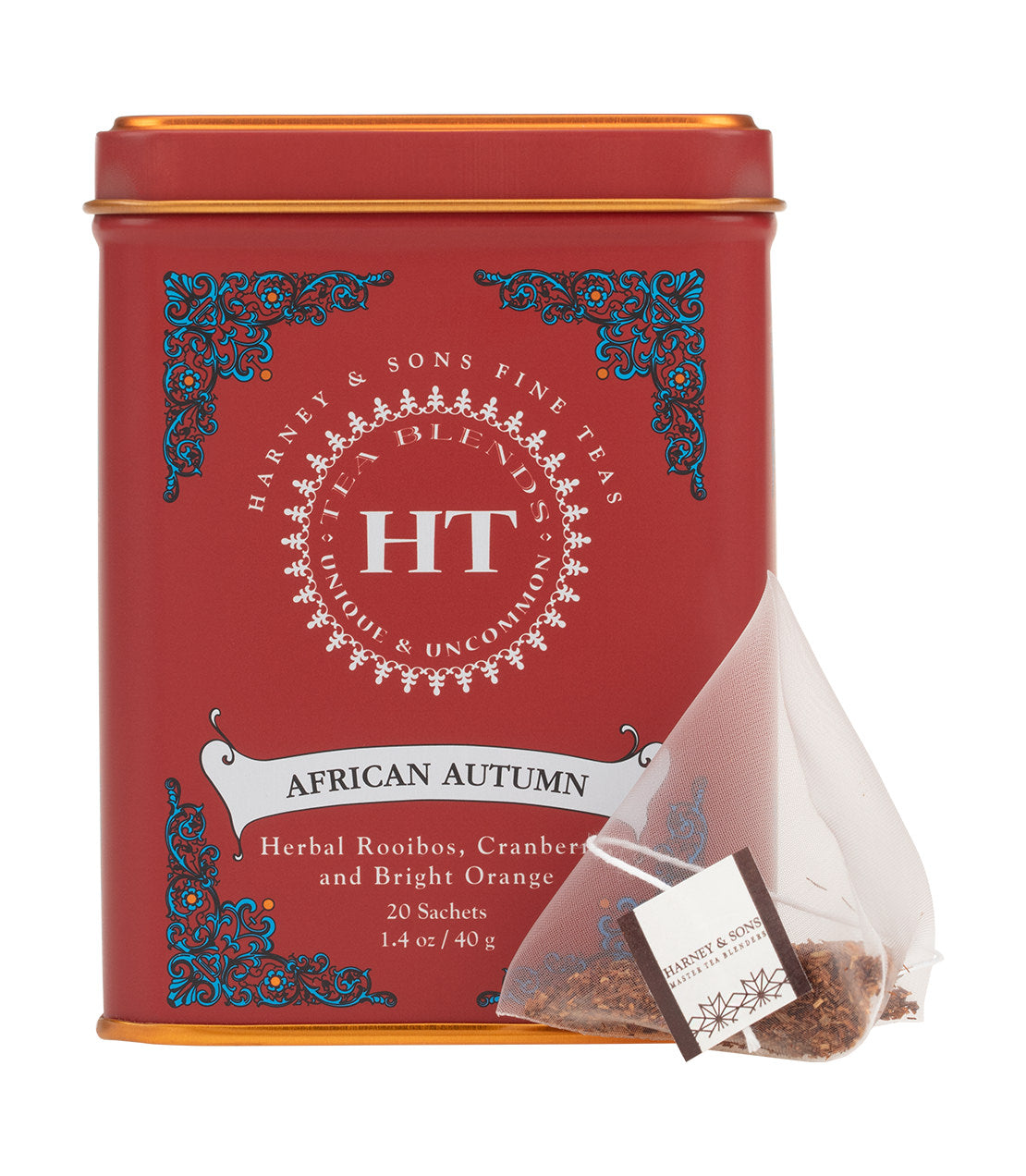 Harney & Sons African Autumn, HT Tin of 20 Sachets, displayed in a tin packaging with sachets visible.