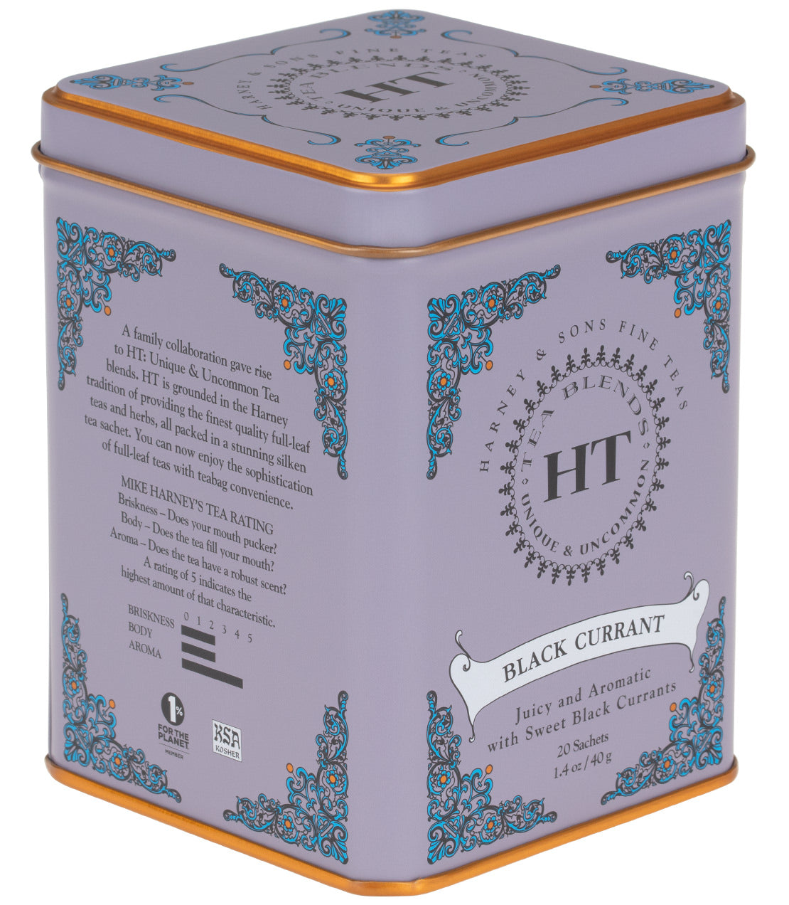 Harney & Sons Black Currant, HT Tin of 20 Sachets, featuring a tin packaging with sachets for brewing tea.