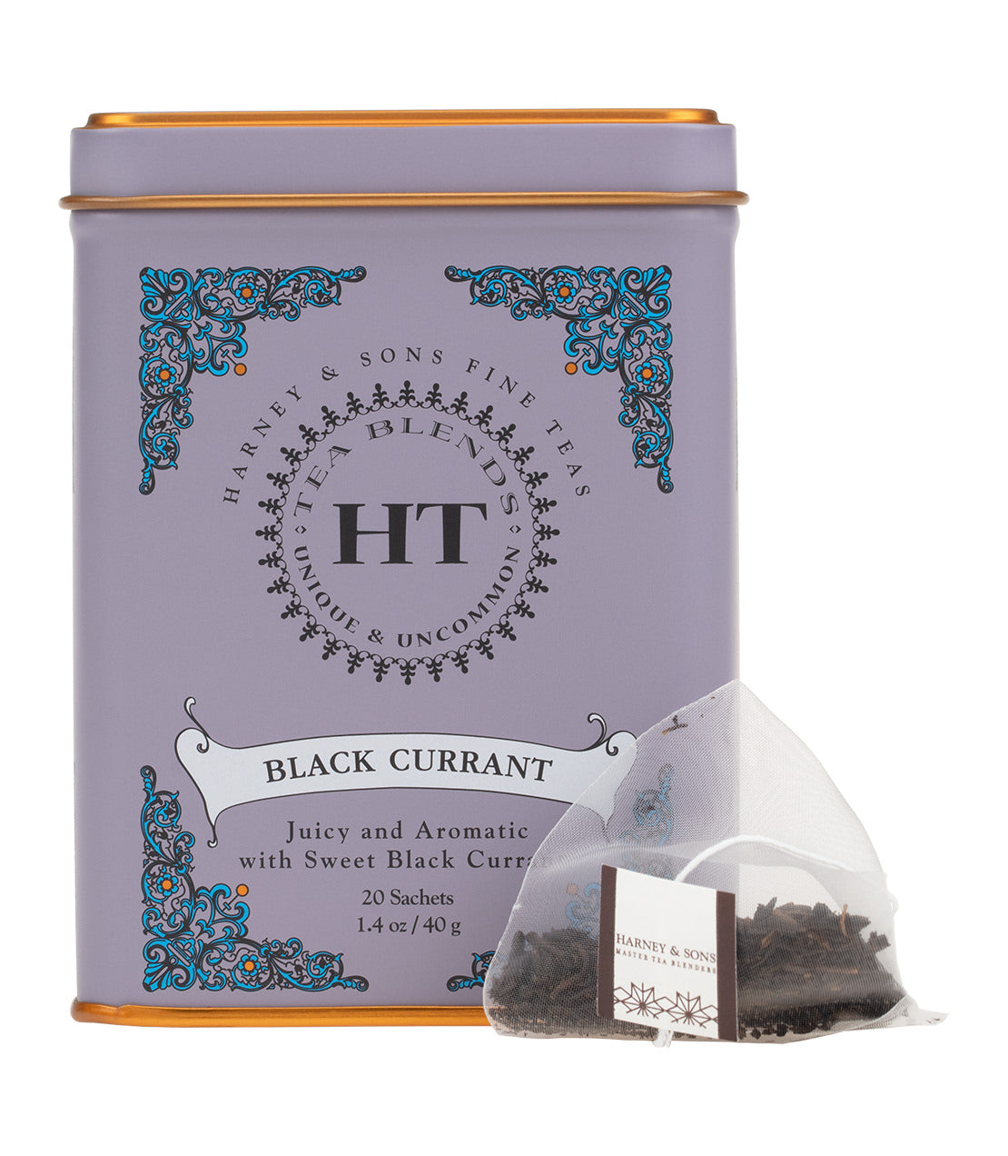 Harney & Sons Black Currant, HT Tin of 20 Sachets, featuring a tin packaging with sachets for brewing black currant tea.