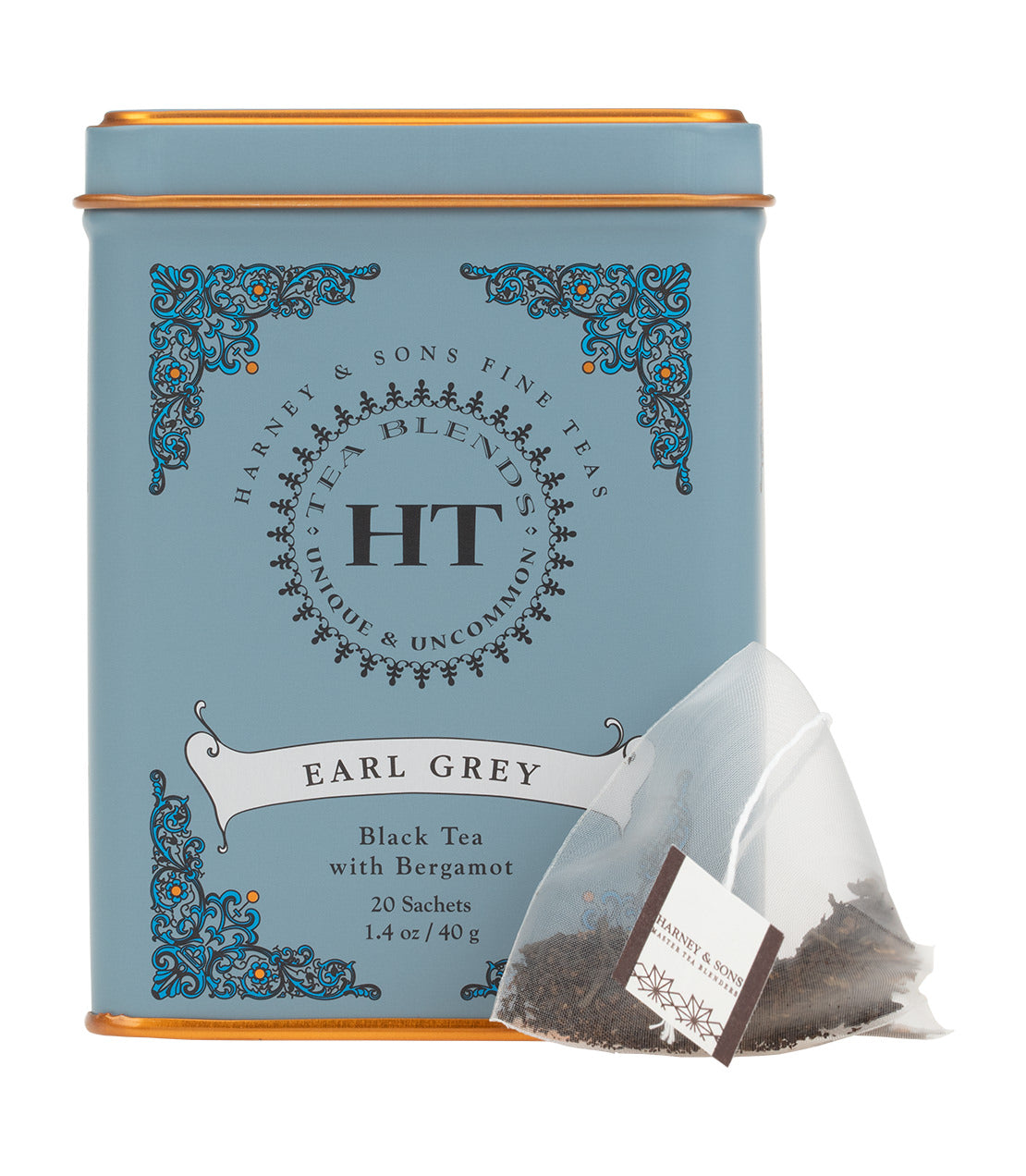 Harney & Sons Earl Grey, HT Tin of 20 Sachets displayed in a tin container with sachets visible inside.