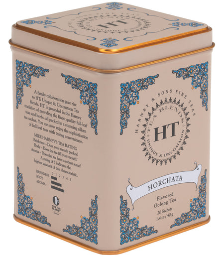 Harney & Sons Horchata, HT Tin of 20 Sachets, features a gold-edged tea caddy containing 20 tea sachets for brewing.
