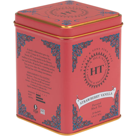 Harney & Sons Strawberry Vanilla, HT Tin of 20 Sachets, showing a tin with 20 tea sachets for brewing black tea.
