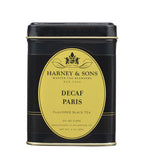 Harney & Sons Decaf Paris loose leaf tea in a 3 oz package, featuring a decorative label and unique design.