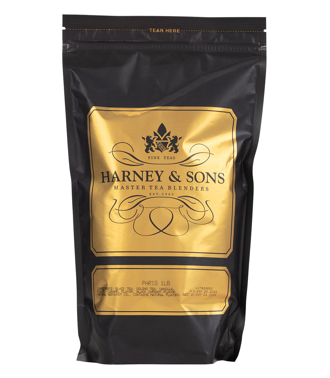 Harney & Sons Paris loose tea in a 16 oz bag, featuring a clear design showcasing the product and brand.