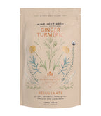 Harney & Sons Organic Ginger Turmeric tea packaging with a loose leaf display, featuring front design details.
