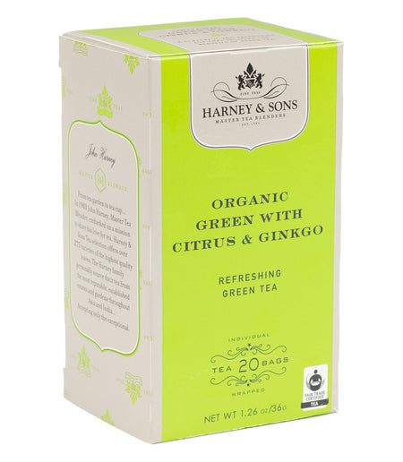 Harney & Sons Organic Green with Citrus & Ginkgo, box of 20 premium teabags, featuring individually wrapped teabags for brewing.