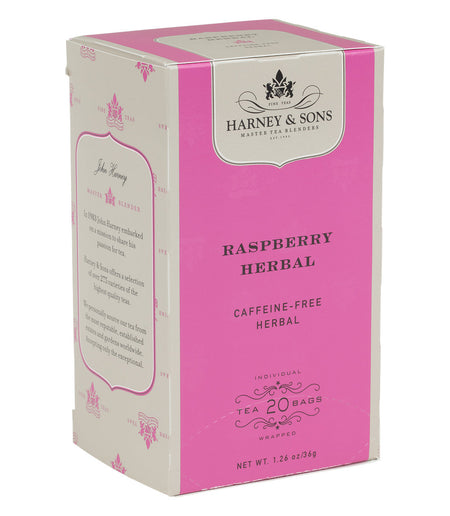 Harney & Sons Red Raspberry, Box of 20 Premium Teabags, featuring individually wrapped herbal teabags for hot or iced tea.