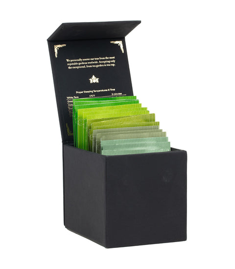 Harney & Sons Harney Heritage – Green Teabag Sampler Black Box, featuring 15 premium tea bags in a black box for gifting or personal use.