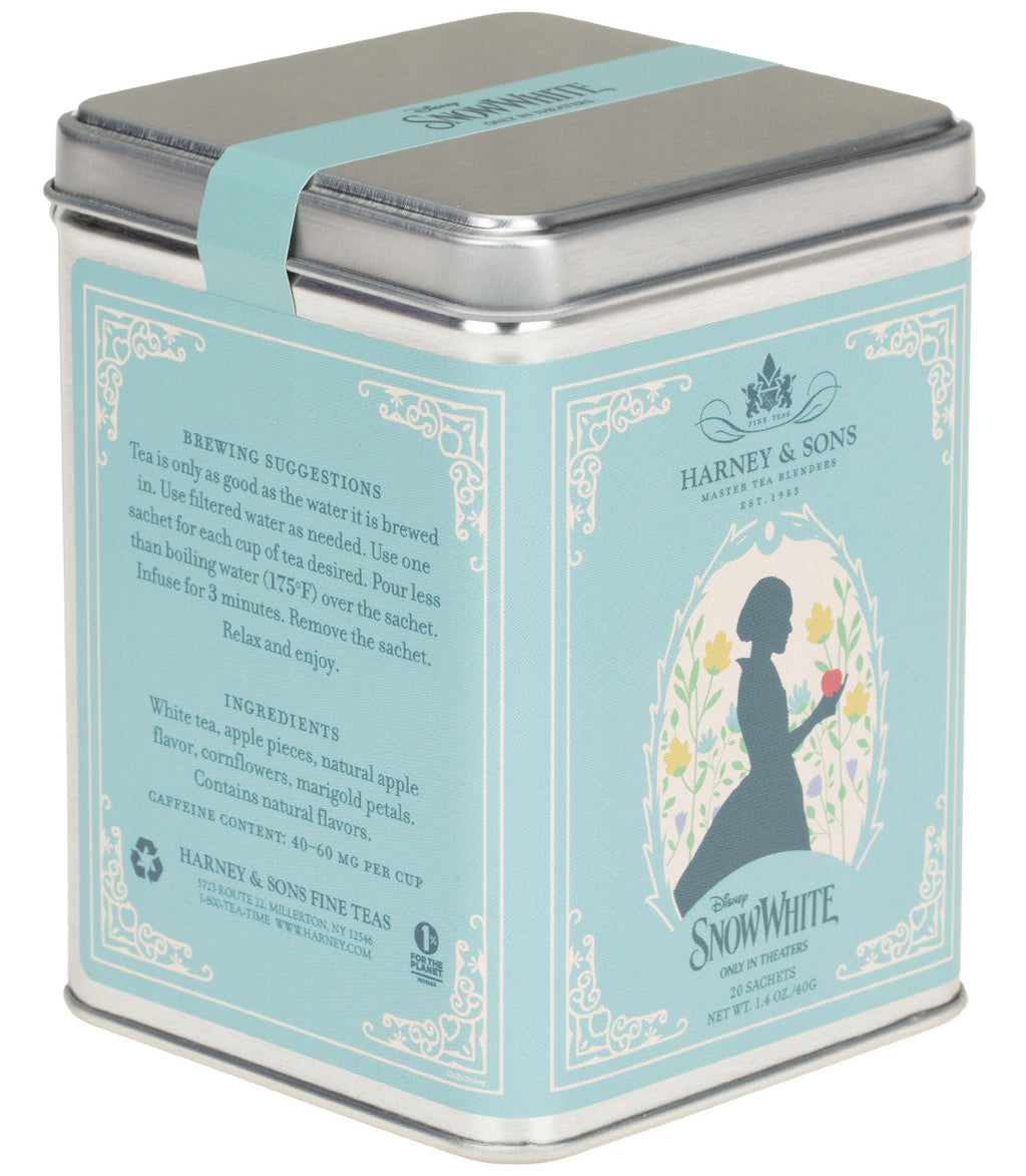 Harney & Sons Snow White, Tin of 20 Sachets, featuring Mutan White tea, apple pieces, cornflowers, and marigolds.
