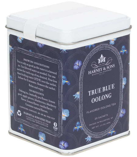 Harney & Sons True Blue Oolong, Tin of 20 Sachets, features a tin containing premium oolong tea sachets with butterfly pea flowers.