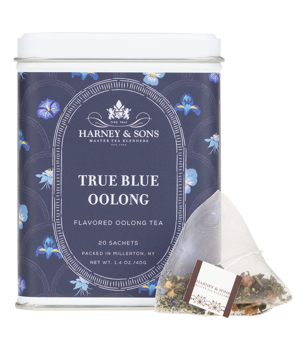 Harney & Sons True Blue Oolong, Tin of 20 Sachets, displaying the blue tin packaging and sachets inside.