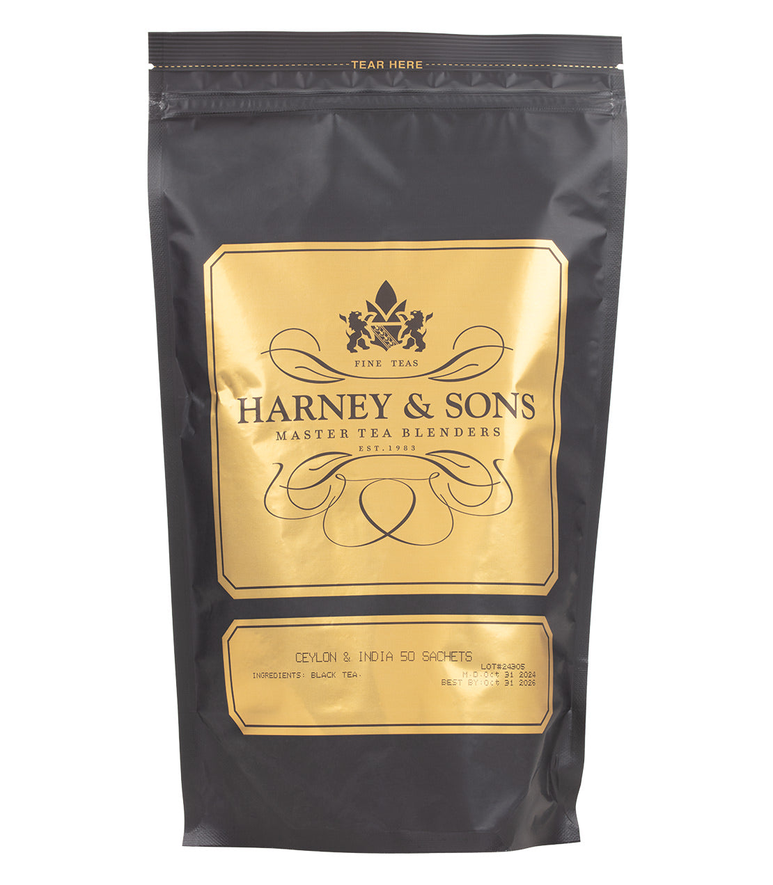 Harney & Sons Orange Pekoe (Ceylon & India) tea sachet bag, shown in a 50-count packaging, by Harney & Sons.