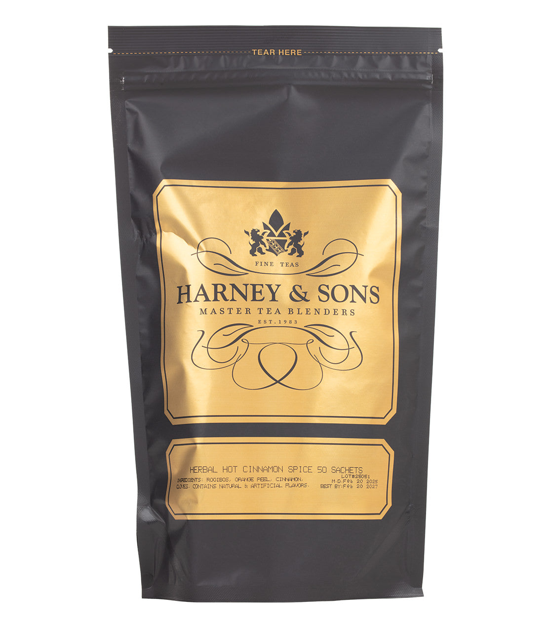Harney & Sons Herbal Hot Cinnamon Spice, 50 count sachet bag, displayed with vibrant packaging featuring cinnamon graphics.