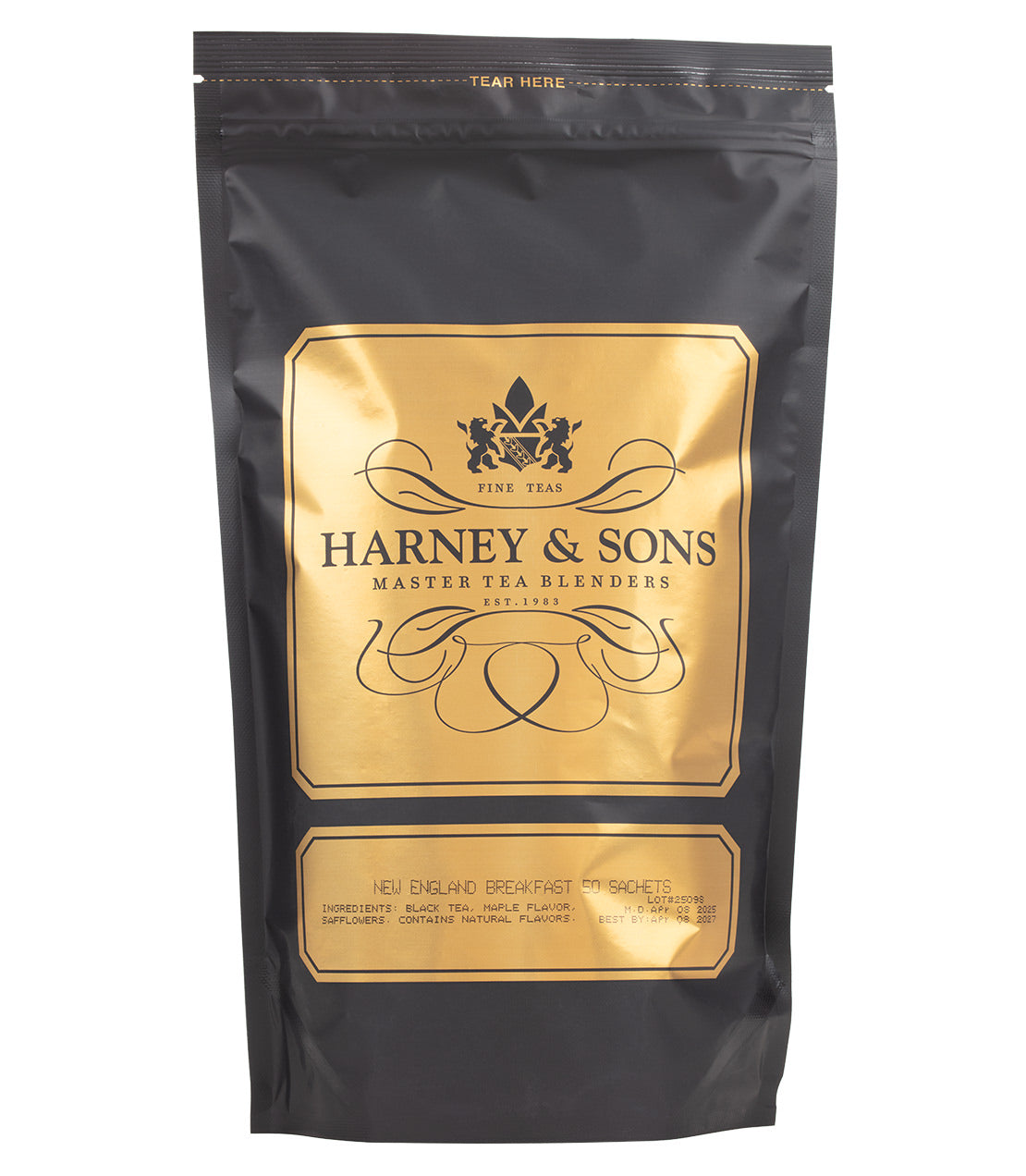 Harney & Sons New England Breakfast 50 Count Sachet Bag, featuring tea sachets and packaging from Harney & Sons.