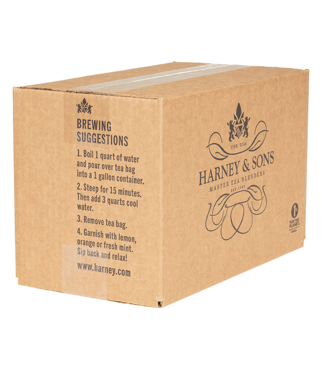 Harney & Sons Blood Orange Fresh Brew Iced Tea box, 50 count, shown in a photo of the product packaging.