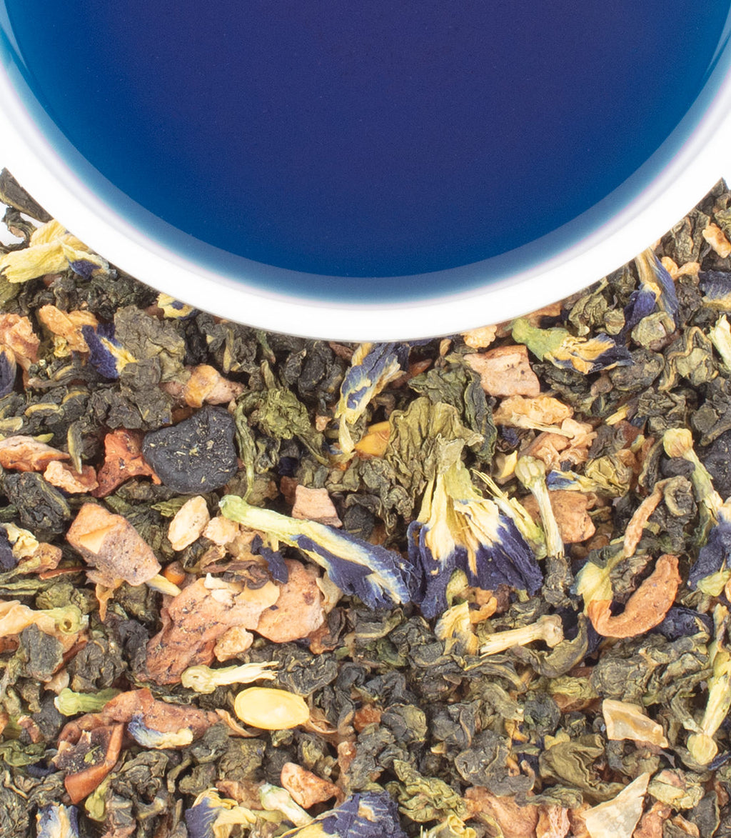 Harney & Sons True Blue Oolong, Tin of 20 Sachets, displayed in a cup with tea leaves visible