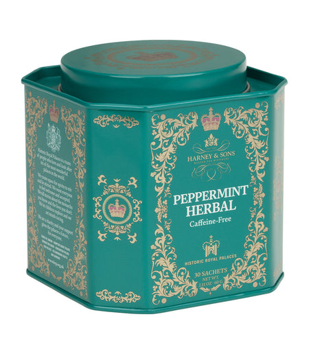 Harney & Sons Peppermint Herbal, HRP Tin of 30 Sachets, showcases a tin filled with premium peppermint tea sachets.
