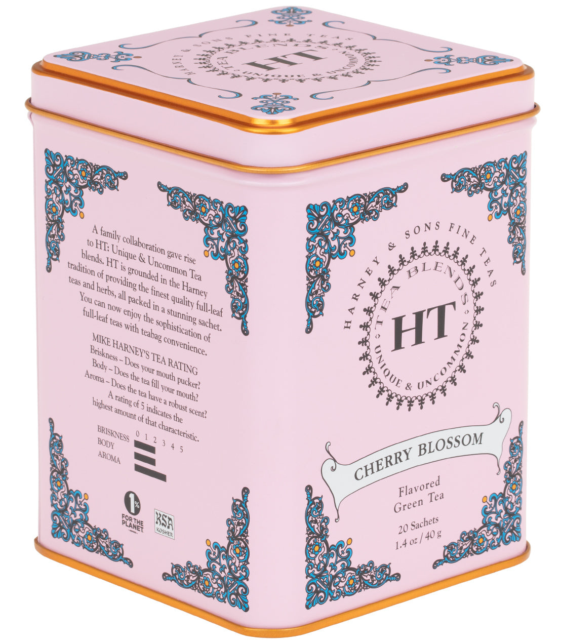 Harney & Sons Cherry Blossom, HT Tin of 20 Sachets, featuring a tin with tea sachets designed for brewing green tea with cherry essence.