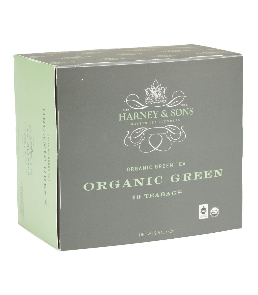 Harney & Sons Organic Green Premium Teabags in a box, featuring 40 individually wrapped teabags with organic green tea.