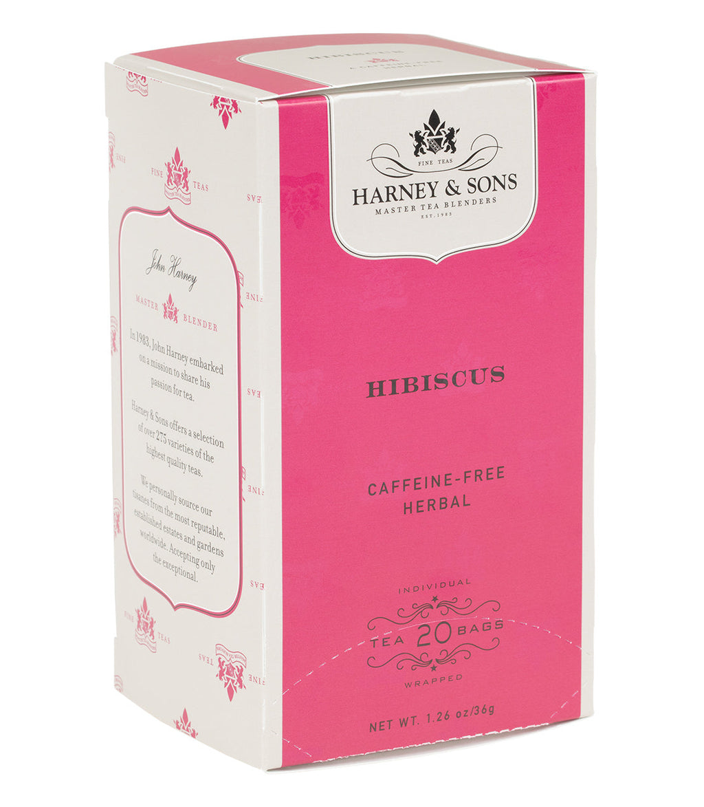 Harney & Sons Hibiscus, Box of 20 Premium Teabags, showing the packaging and individual teabags for brewing herbal tea.
