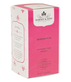 Harney & Sons Hibiscus, Box of 20 Premium Teabags, showing the packaging and individual teabags for brewing herbal tea.