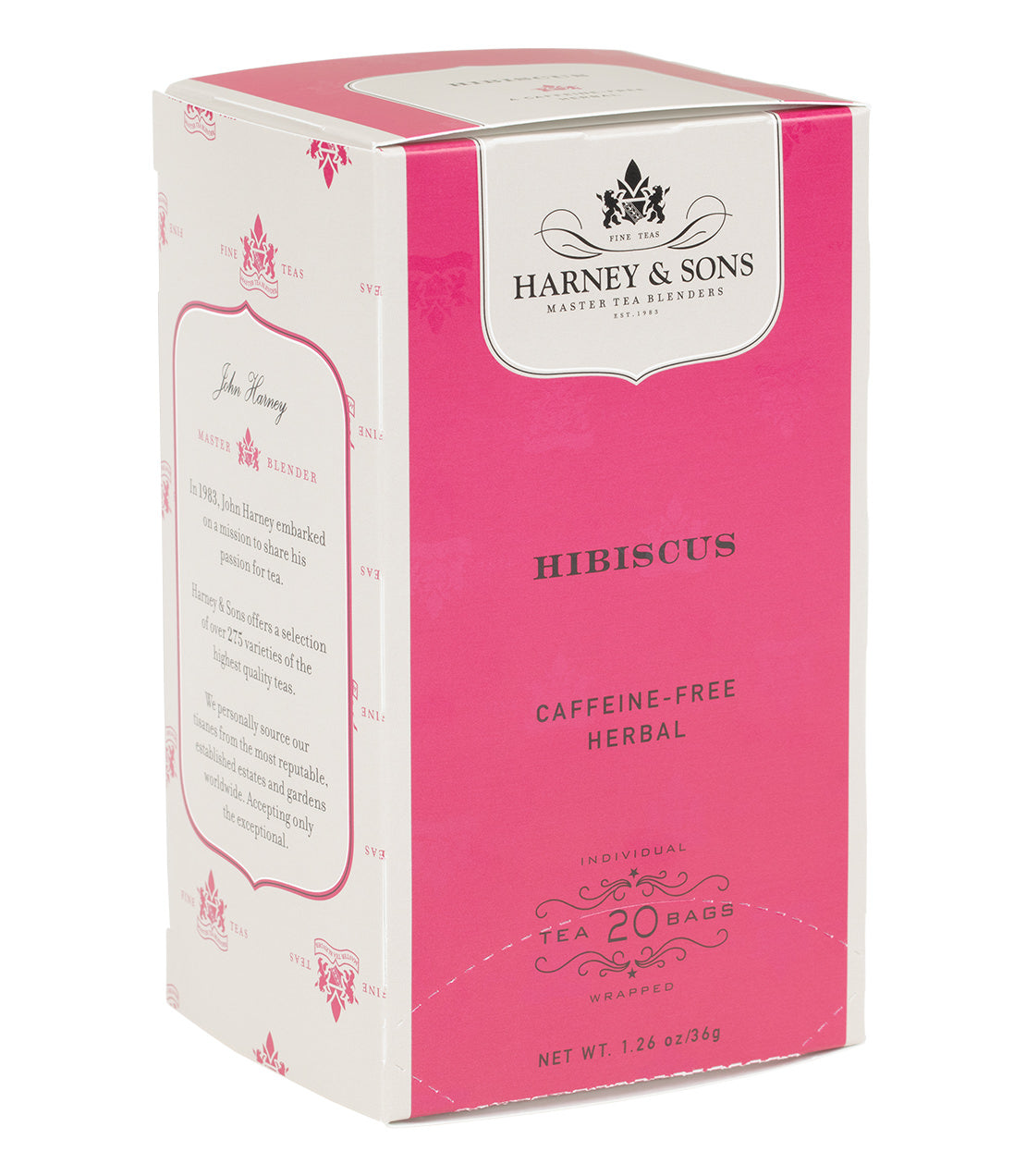 Harney & Sons Hibiscus, Box of 20 Premium Teabags, showing the packaging and individual teabags for brewing herbal tea.