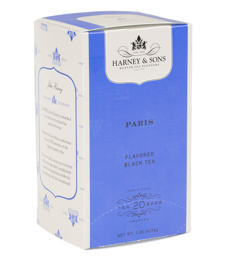 Harney & Sons Paris, Box of 20 Premium Teabags featuring individually wrapped teabags for brewing fruity black tea.