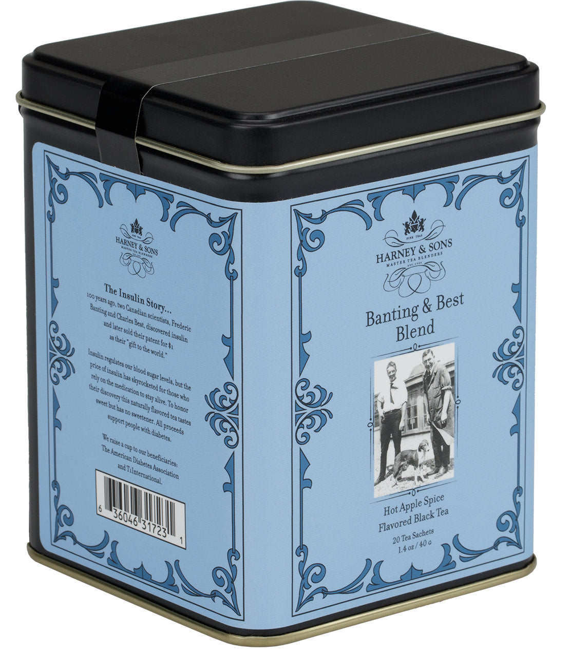 Harney & Sons Banting & Best Blend, Tin of 20 Sachets, shown in image with tea sachets for brewing