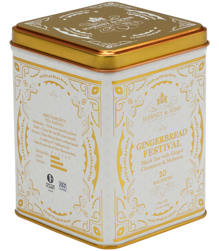 Harney & Sons Gingerbread Festival, Tin of 20 Sachets, featuring gingerbread-flavored black tea sachets in a festive tin.