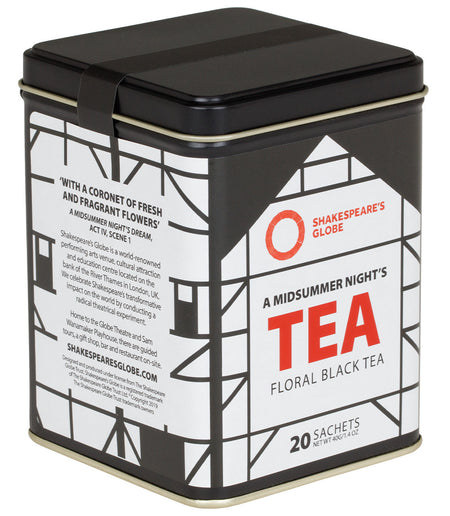 Harney & Sons Shakespeare's Globe - A Midsummer Night's Tea, Tin of 20 Sachets, features a tin of premium tea sachets.