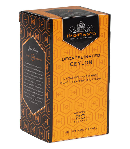 Harney & Sons Decaf Ceylon, Box of 20 Premium Teabags, individually wrapped for convenient brewing of robust tea.