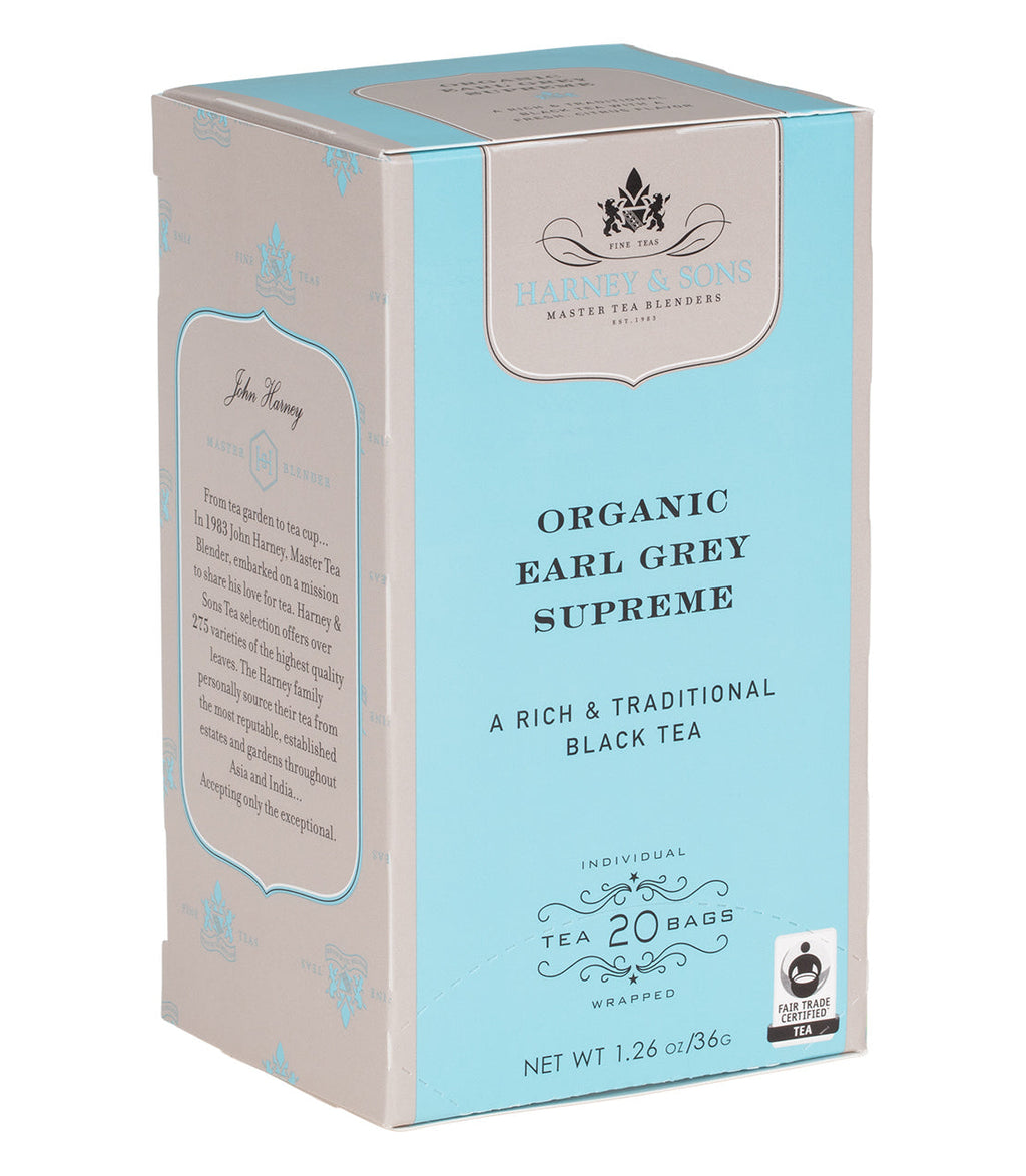 Harney & Sons Organic Earl Grey Supreme, Box of 20 Premium Teabags, featuring individually wrapped teabags for fresh brewing.