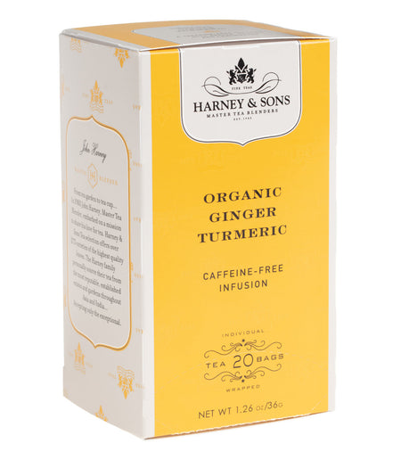 Harney & Sons Organic Ginger Turmeric, Box of 20 Premium Teabags, featuring individually wrapped teabags for brewing tea.