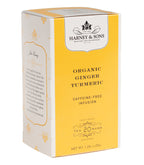 Harney & Sons Organic Ginger Turmeric tea, featuring 20 premium teabags in packaging, displayed in a white background.