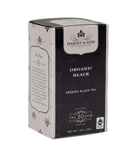 Harney & Sons Organic Black, Box of 20 Premium Teabags, featuring individually wrapped teabags for fresh brewing.