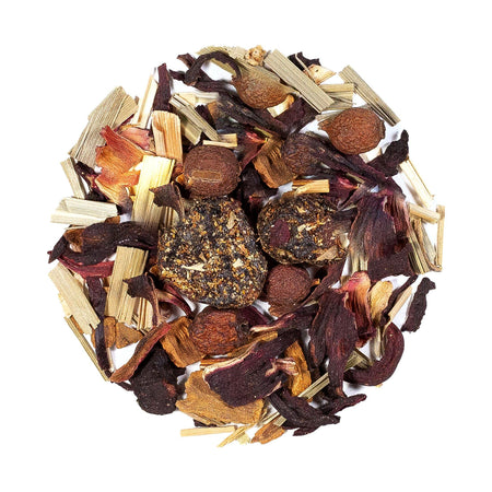 Beach House Northwest Wild Herbal Tea displayed in loose leaf form, featuring hibiscus, lemongrass, cranberries, and hawthorn berries.