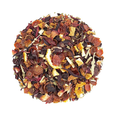 Beach House Cascadia Cooler Iced Blend, an herbal tea blend featuring hibiscus, citrus, and cinnamon, displayed in loose leaf form.