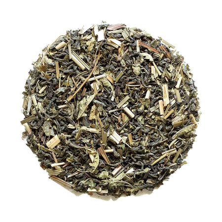 Beach House Beachgrass Green Tea leaves, showcasing vibrant green color, ideal for brewing a refreshing beverage.
