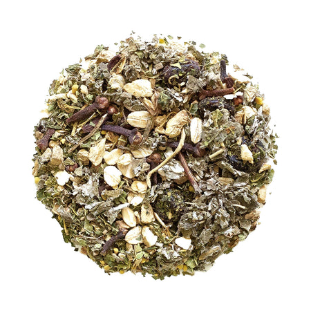 Beach House Peninsula Harvest loose leaf tea blend featuring organic cranberries, raspberry leaf, and spices in a bag.